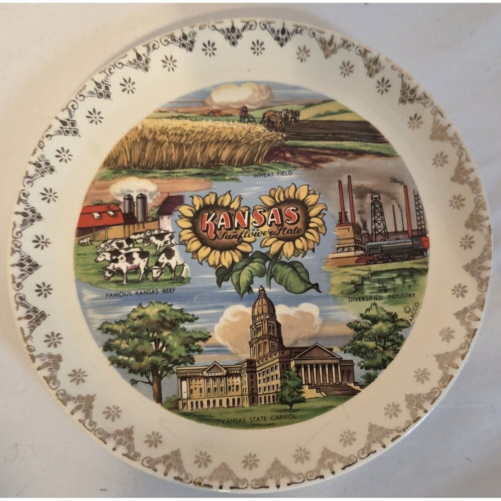 Vintage Kansas Sunflower State Souvenir Plate Wheat Field State Capitol 8”